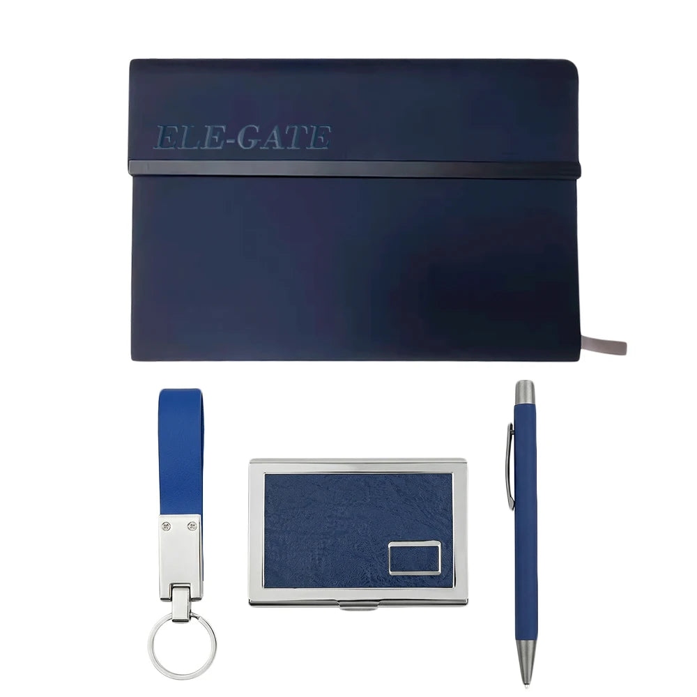 ELEGATE Exquisite Royal Blue Tone Leather Office Gift Set Includes Notebook Card Holder Keychain Pen Embossing Printing Easter