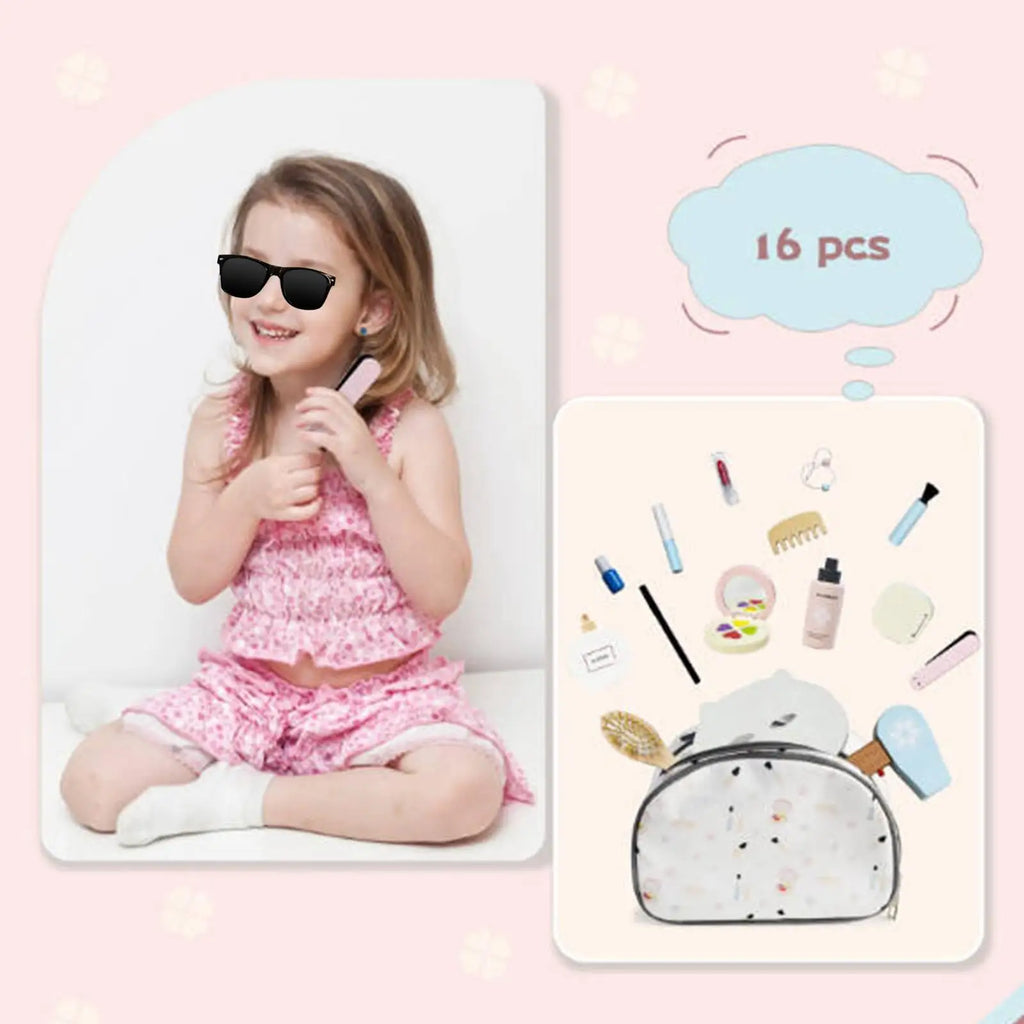 Makeup Toy Kits Wooden Makeup Toys with Cosmetic Bag for Girls Role Playing Games Pretend Play Makeup Beauty Set Birthday Gifts