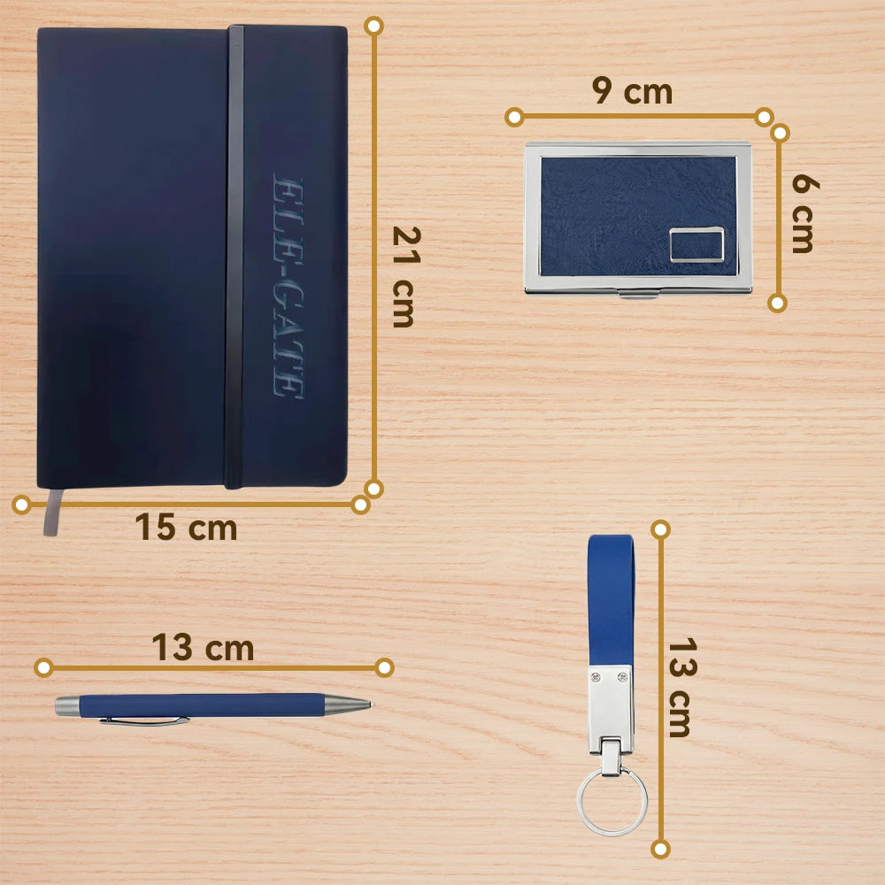 ELEGATE Exquisite Royal Blue Tone Leather Office Gift Set Includes Notebook Card Holder Keychain Pen Embossing Printing Easter