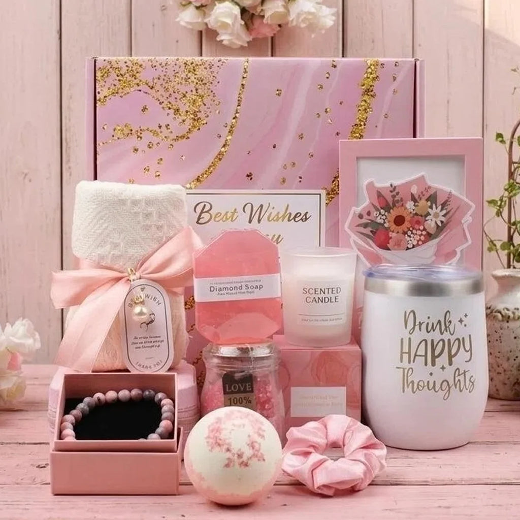 Birthday Mother's Day Women's Self Care Gift Basket Vanilla Relaxing Spa Stainless Steel 16oz Tumbler Pink-Purple Gift Box Set