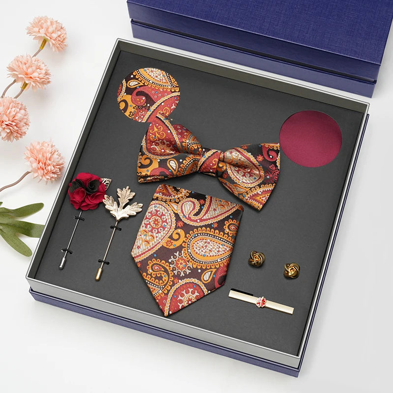 Men Gift Box Set 8CM Red and Royal Blue Tie Cufflink and Handkerchief Gift Set