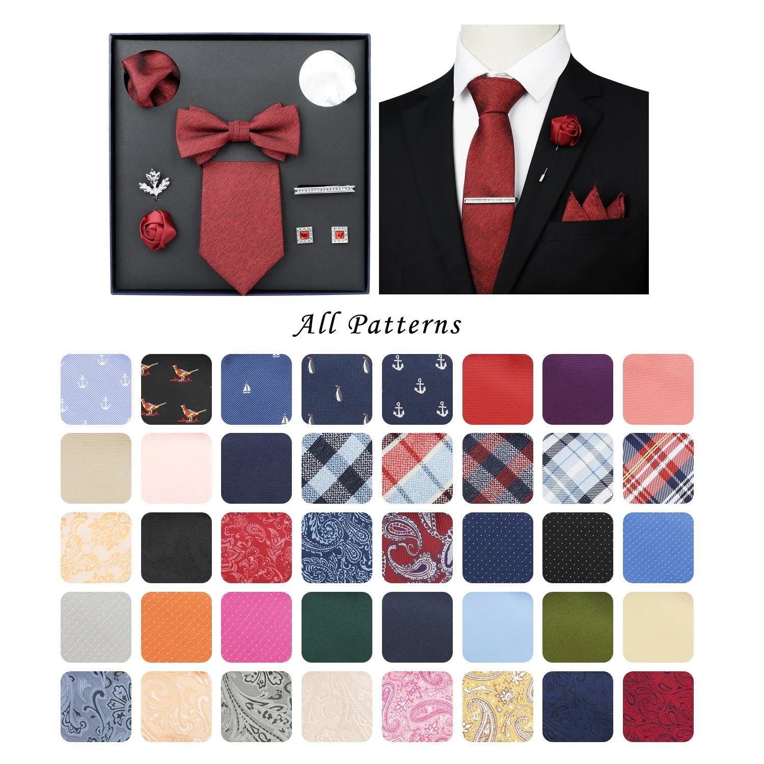 Ready to Ship Necktie in Gift Box Bowtie Mens Cufflinks Business Tie Gift Set Ascot Cravat Pocket Square Polyester Ties Set Men