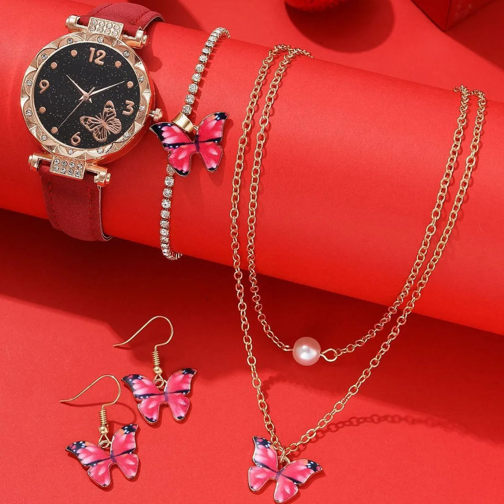 New Design Luxury 4 PCS butterfly Jewelry Watch Women Gift Set  Ladies Necklace Bracelet Watch Set