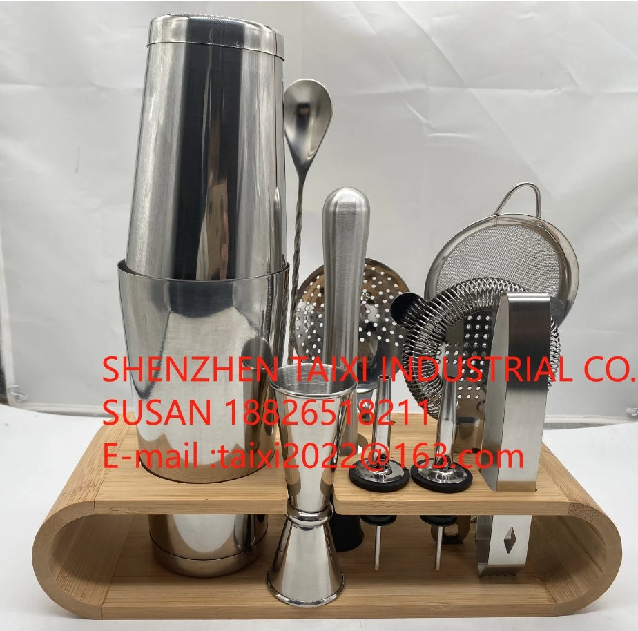 Factory Stainless Steel Barware Kit Includes Boston Cocktail Shaker Travel Gift Set Bamboo Stand-Premium Metal Bar Accessories