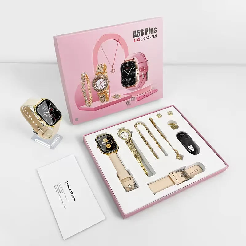 A58 Plus 2026 Women's Luxury Gold Watch Unique Gift Set Jewellery Gold Necklace Ring Double Band Smart Watch I20