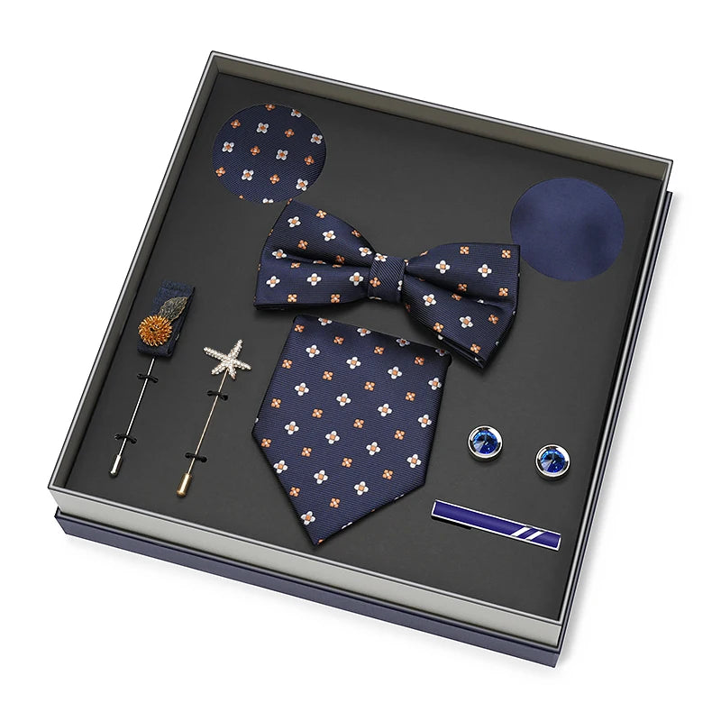 Men Gift Box Set 8CM Red and Royal Blue Tie Cufflink and Handkerchief Gift Set
