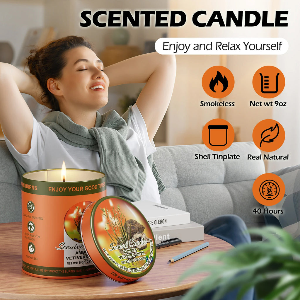 AMBER & VETIVER & MUSK Scented Candle Set  2Pack 80H Burn Time Smokeless Soy Wax Aromatherapy Candle Gift Set Women&Men
