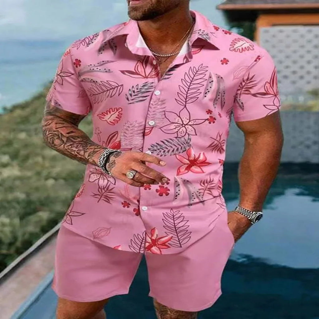 2-PC Print Patchwork Short Sleeve Shirt and Shorts set