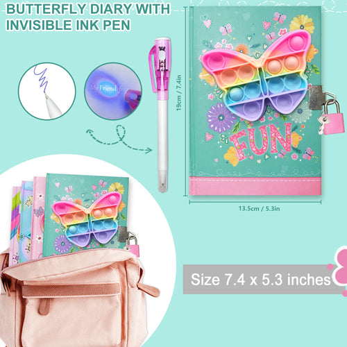 Butterfly Girls Lockable Journal Gift Set 160 Pages Pop Diary with Lock and Pen Diary for Girls