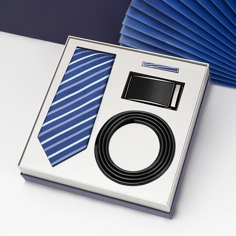 Luxury Gift Set Silk Necktie and Genuine Leather Belts for Men's Wedding