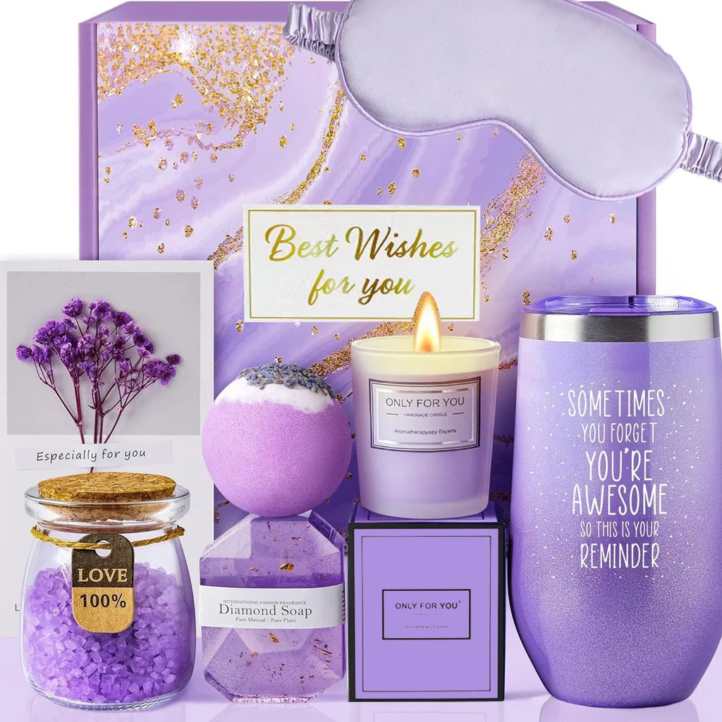 Birthday Mother's Day Women's Self Care Gift Basket Vanilla Relaxing Spa Stainless Steel 16oz Tumbler Pink-Purple Gift Box Set
