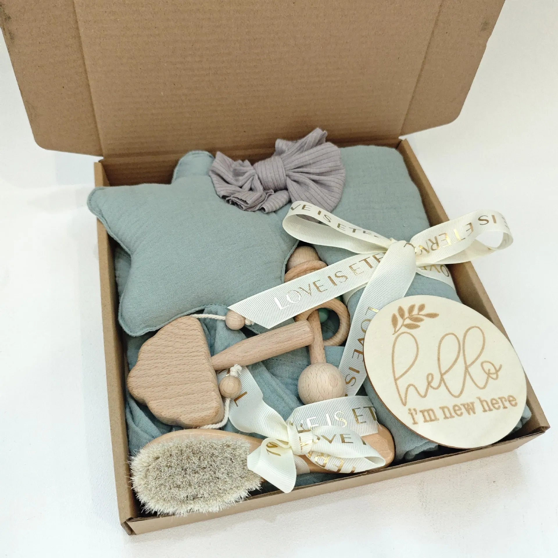 Wood Toy Teething Baby Shower Newborn Gift Set,Gender Neutral Gift Set Breathable Cotton Newborn Shower Gift