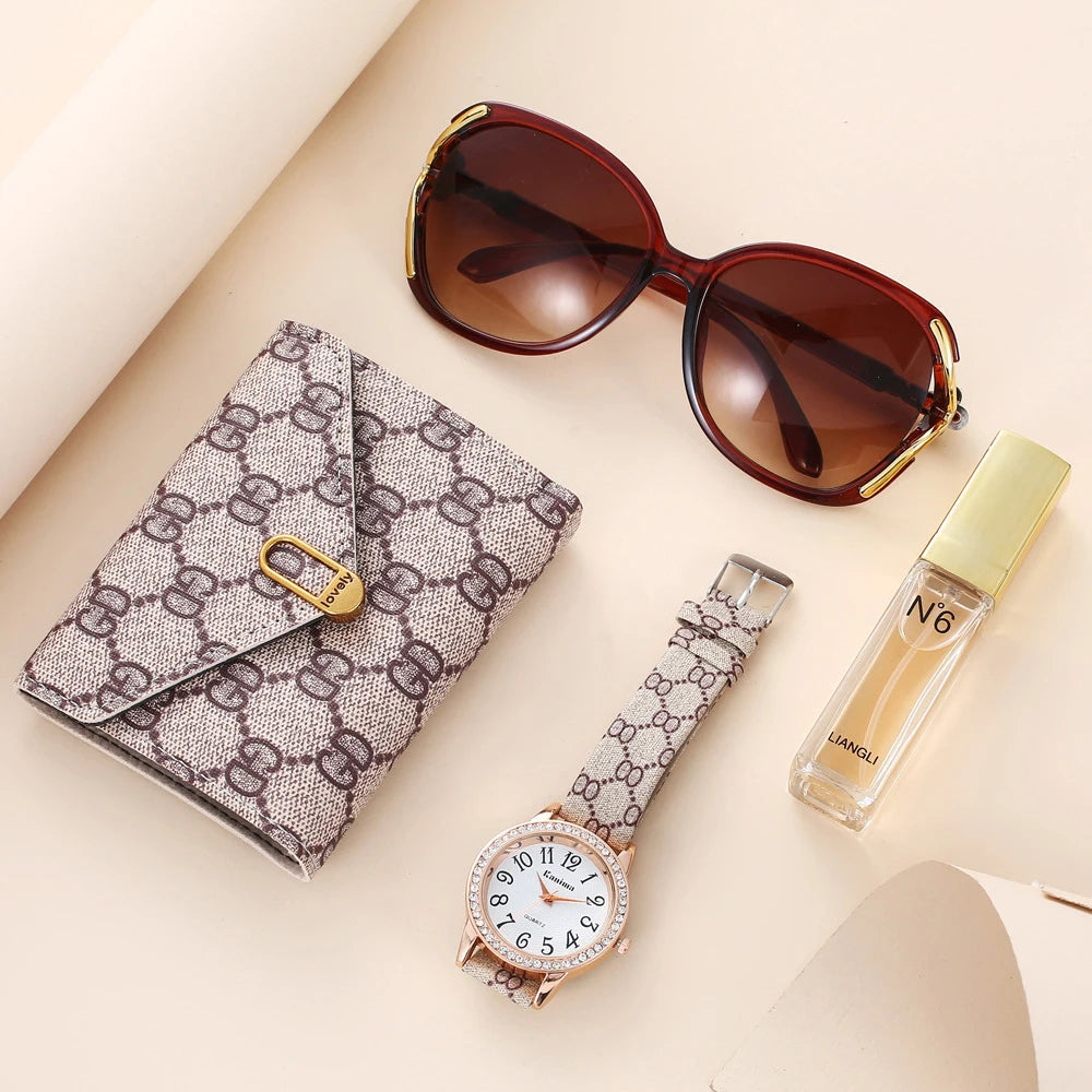 Lady Watch Perfume Sunglasses Wallet Set for Women Mom Wife Girlfriend Watch Gift Set