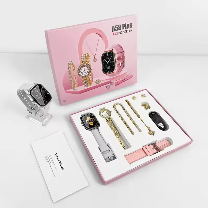 A58 Plus 2026 Women's Luxury Gold Watch Unique Gift Set Jewellery Gold Necklace Ring Double Band Smart Watch I20