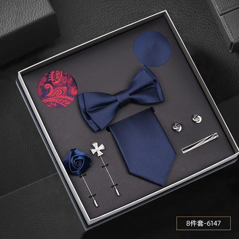 Men Gift Box Set 8CM Red and Royal Blue Tie Cufflink and Handkerchief Gift Set