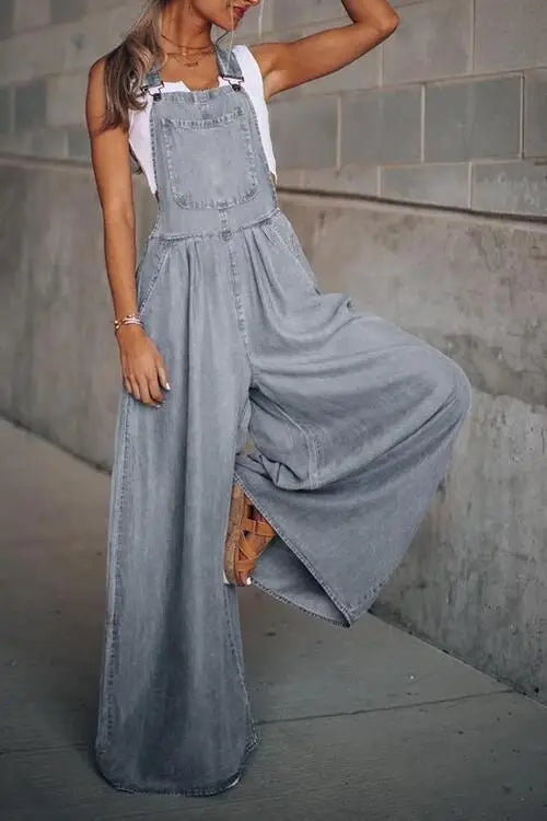 Summer Spring Women Denim Loose Overalls Pockets New Fashionable Wide Leg Suspender Trousers Sleeveless Strap Long Pants