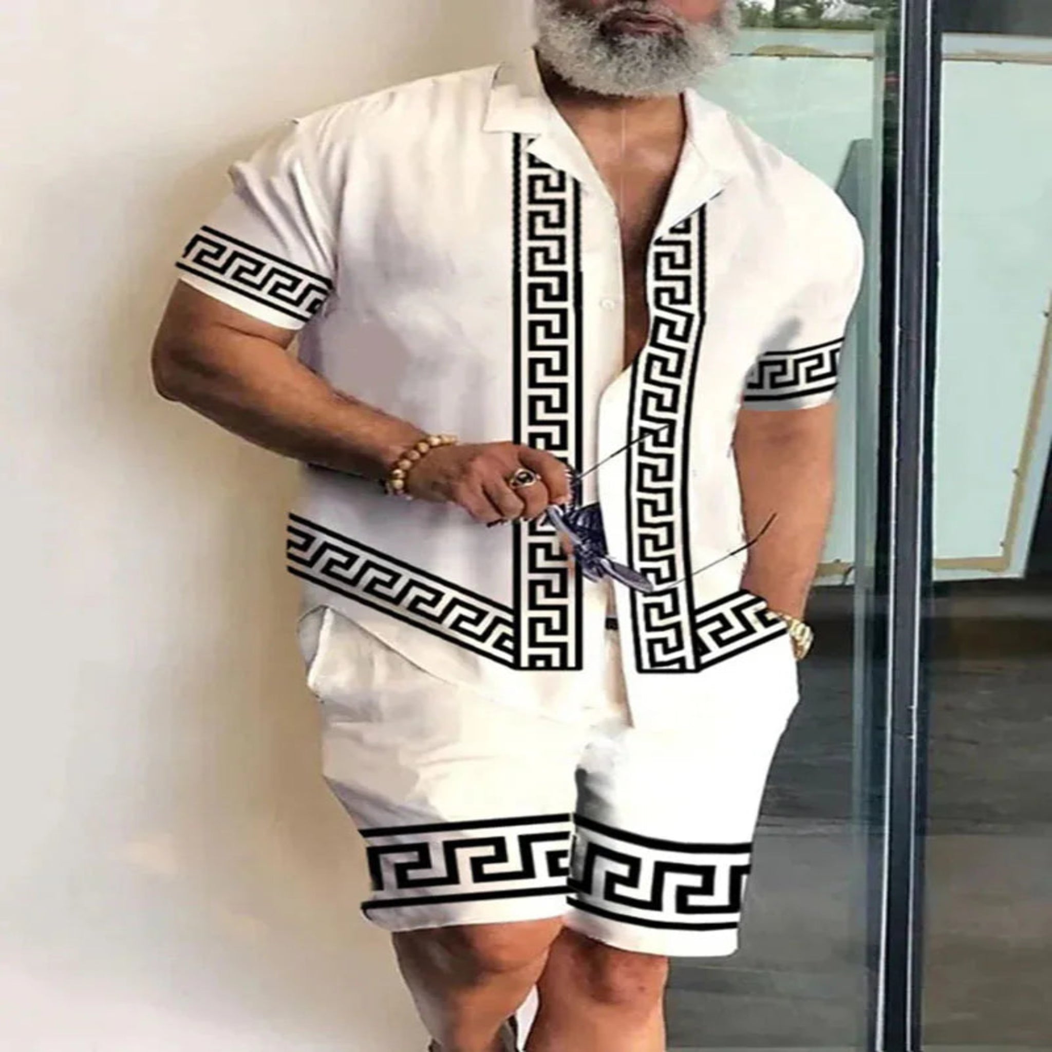 2-PC Print Patchwork Short Sleeve Shirt and Shorts set