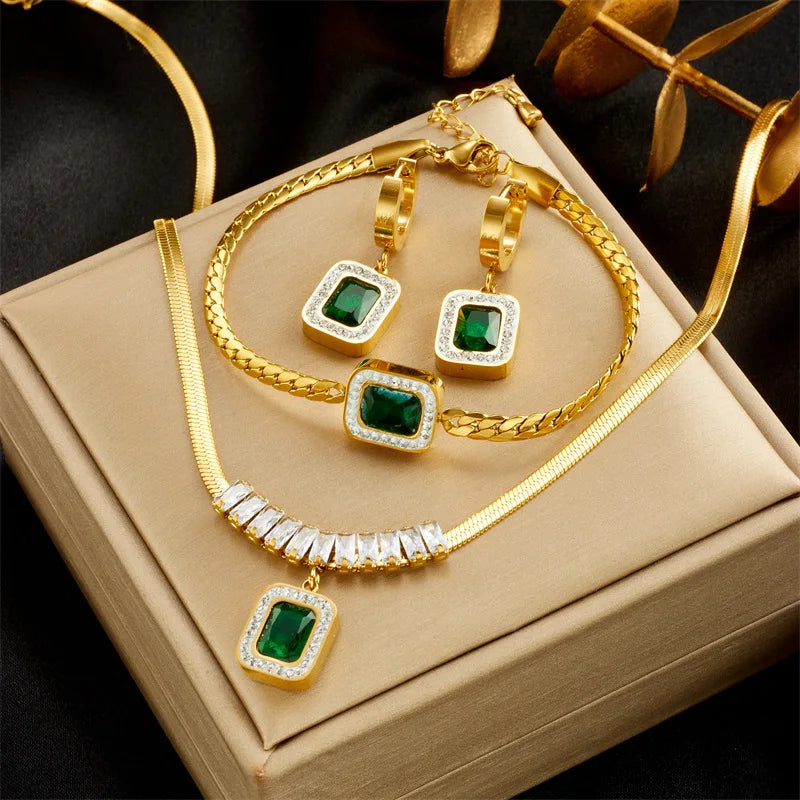 Exquisite Stainless Steel 18k Gold Emerald Zircon Heart Layered Pendant Necklace Earrings Bracelet Female Jewelry Gift Set