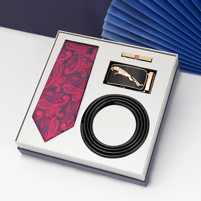Luxury Gift Set Silk Necktie and Genuine Leather Belts for Men's Wedding