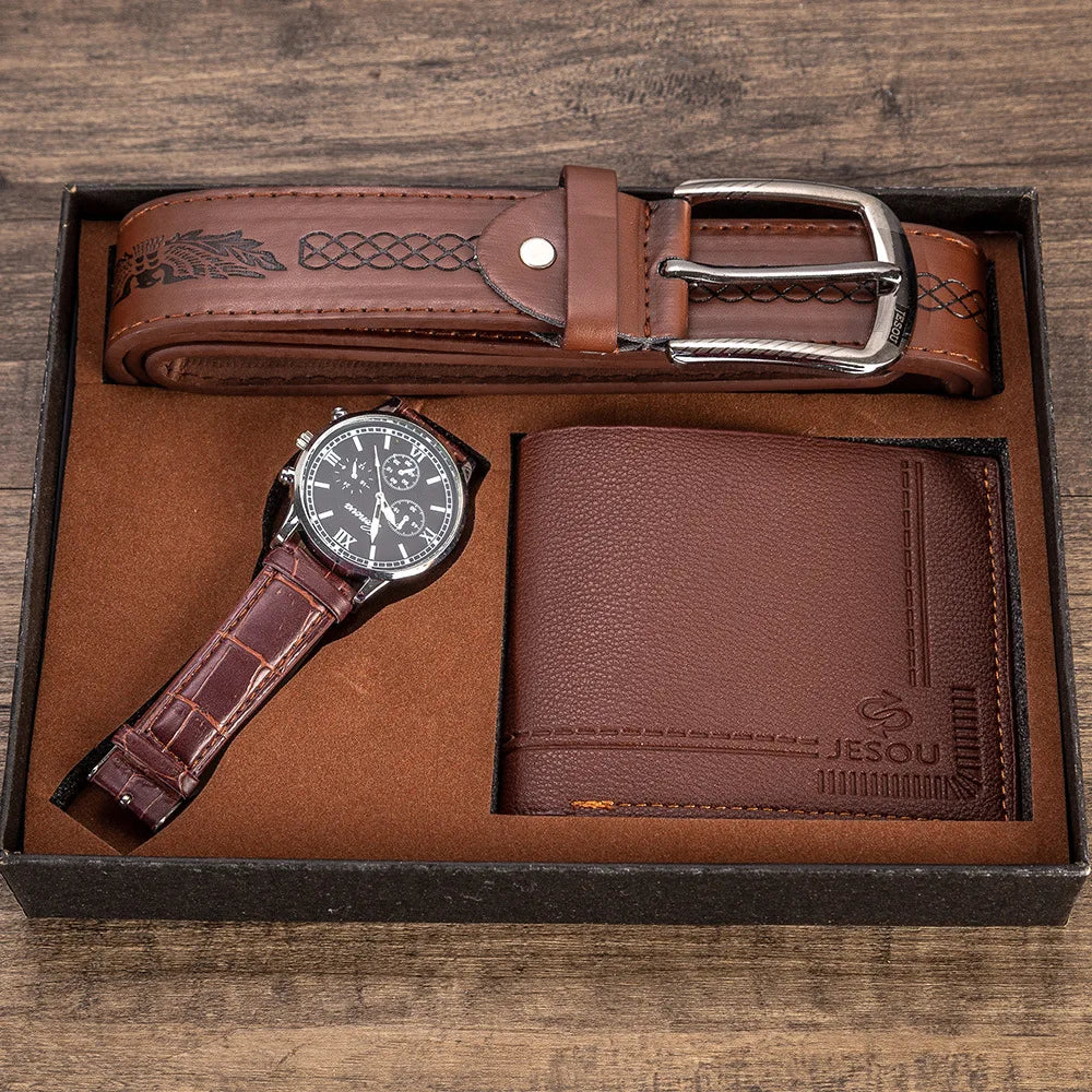 Birthday Gift Set for Men Stylish Dress Leather Strap Chronograph Wrist Watch+Wallet+Belt Wholesale Lots Set