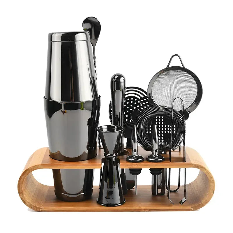 Factory Stainless Steel Barware Kit Includes Boston Cocktail Shaker Travel Gift Set Bamboo Stand-Premium Metal Bar Accessories