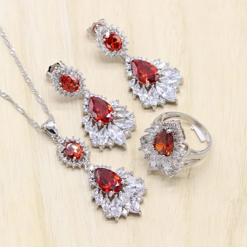 Dubai Bridal Accessories Women's Wedding Jewelry Set Water Drop Zirconia Earring Pendant Bracelet Ring Gift Set for Parties