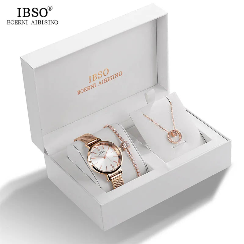 IBSO Brand Female Elegant Jewelry Set Steel Quartz Wristwatch Lady Charm Crystal Pendant Necklace Bracelet Women Gift Set