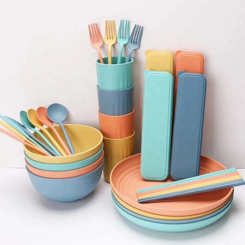 Wheat Straw Bowl Cup Plate 32-piece Tableware Creative Portable Knife, Fork, Spoon Chopsticks Tableware Gift Set
