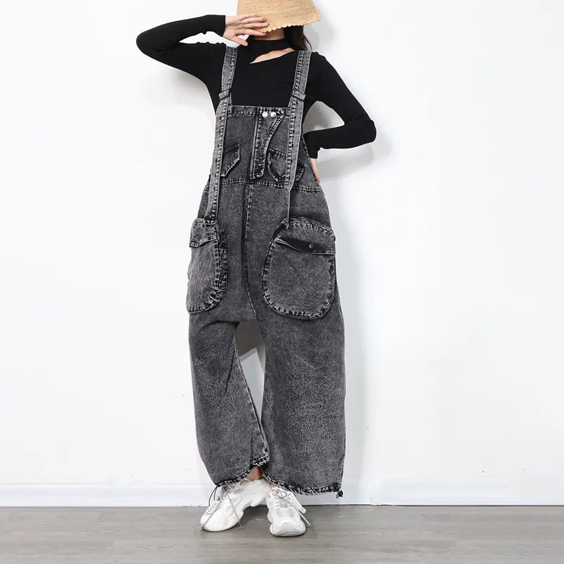 OEM ODM Hot Selling Women Streetwear Jeans Overalls Sleeveless Black Loose Casual Denim Jumpsuits