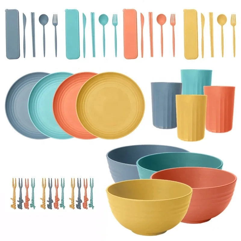 Wheat Straw Bowl Cup Plate 32-piece Tableware Creative Portable Knife, Fork, Spoon Chopsticks Tableware Gift Set