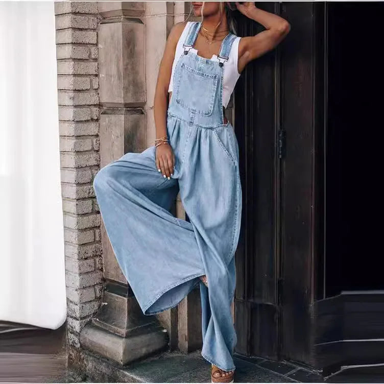 Summer Spring Women Denim Loose Overalls Pockets New Fashionable Wide Leg Suspender Trousers Sleeveless Strap Long Pants