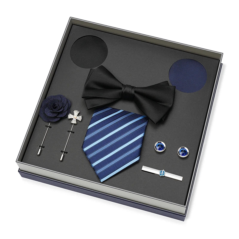 Men Gift Box Set 8CM Red and Royal Blue Tie Cufflink and Handkerchief Gift Set