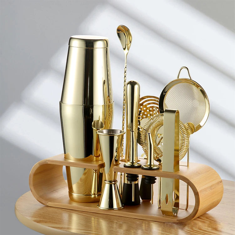 Factory Stainless Steel Barware Kit Includes Boston Cocktail Shaker Travel Gift Set Bamboo Stand-Premium Metal Bar Accessories