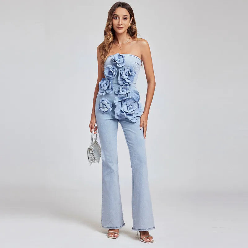 Boutique Wholesale 2025 Spring New Fashionable French Sexy Flower Denim Laundry Women's Jumpsuit