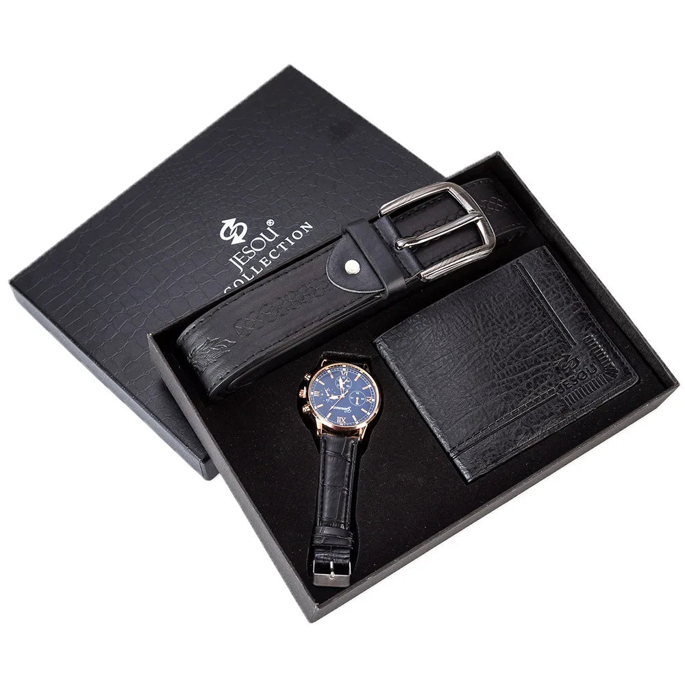 Birthday Gift Set for Men Stylish Dress Leather Strap Chronograph Wrist Watch+Wallet+Belt Wholesale Lots Set