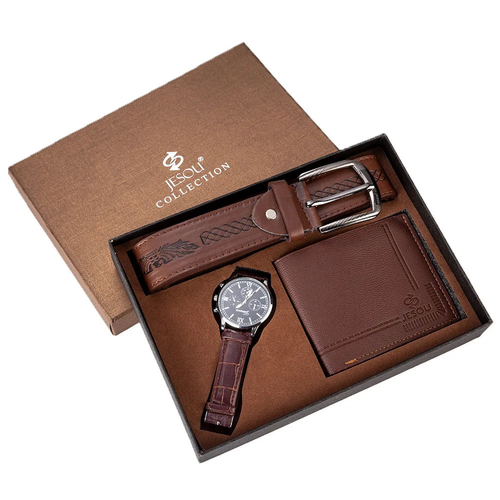 Birthday Gift Set for Men Stylish Dress Leather Strap Chronograph Wrist Watch+Wallet+Belt Wholesale Lots Set