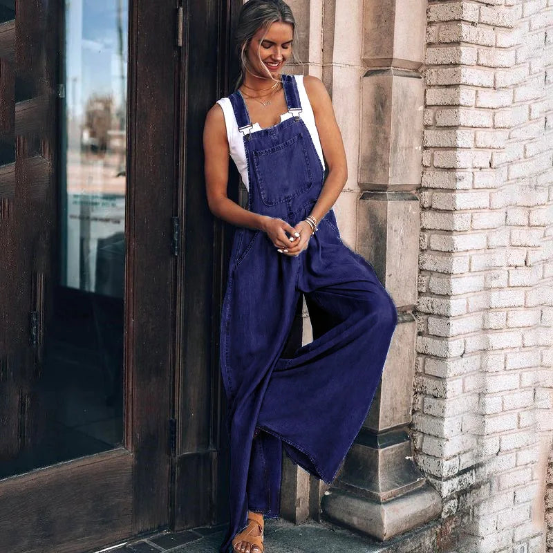 Summer Spring Women Denim Loose Overalls Pockets New Fashionable Wide Leg Suspender Trousers Sleeveless Strap Long Pants