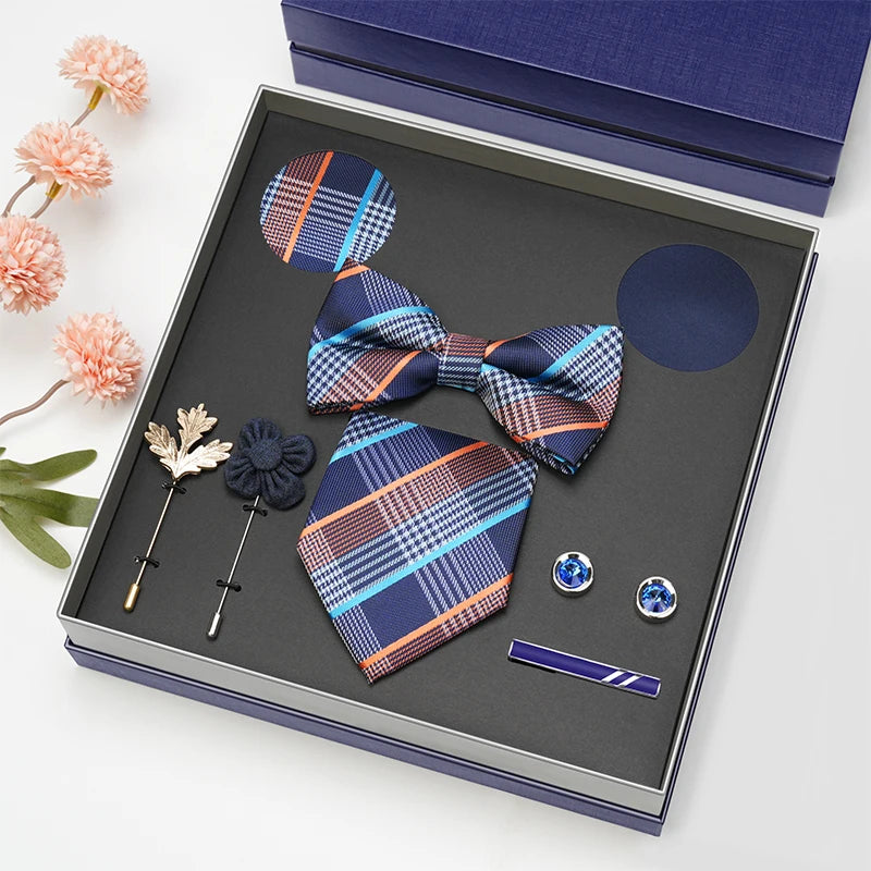 Men Gift Box Set 8CM Red and Royal Blue Tie Cufflink and Handkerchief Gift Set