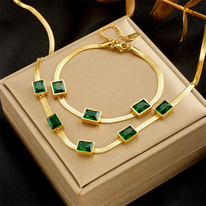 Exquisite Stainless Steel 18k Gold Emerald Zircon Heart Layered Pendant Necklace Earrings Bracelet Female Jewelry Gift Set