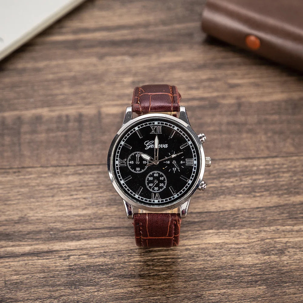Birthday Gift Set for Men Stylish Dress Leather Strap Chronograph Wrist Watch+Wallet+Belt Wholesale Lots Set