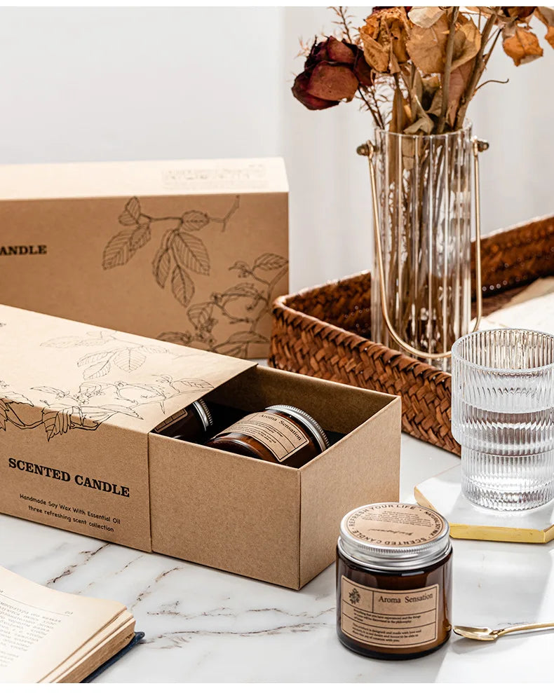 Scented Candle Gift Set Soy Wax Custom Label Brown Glass Jar Scented Candle Soy Wax Essential Oil Luxury Aroma Candle Gift Set
