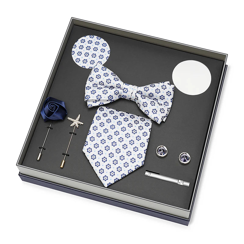 Men Gift Box Set 8CM Red and Royal Blue Tie Cufflink and Handkerchief Gift Set