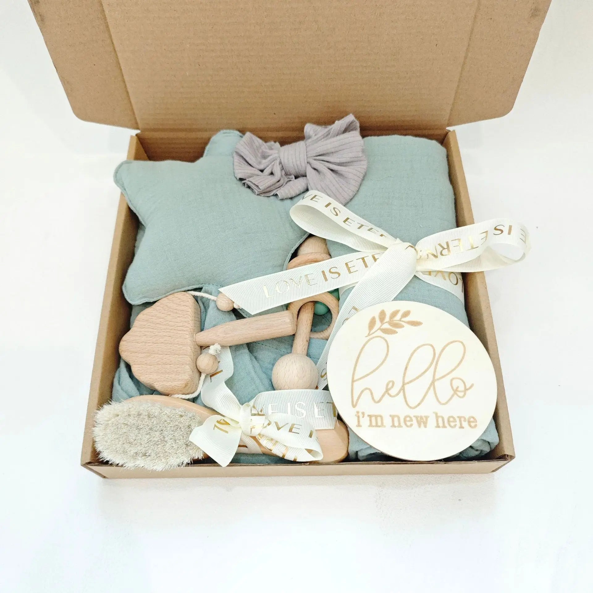 Wood Toy Teething Baby Shower Newborn Gift Set,Gender Neutral Gift Set Breathable Cotton Newborn Shower Gift