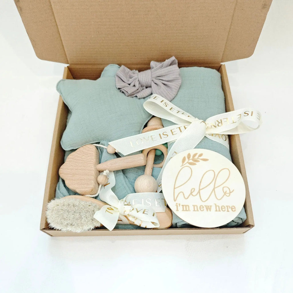 Wood Toy Teething Baby Shower Newborn Gift Set,Gender Neutral Gift Set Breathable Cotton Newborn Shower Gift