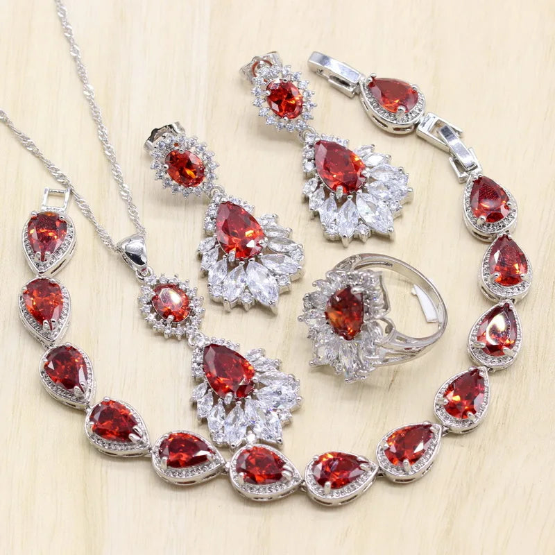 Dubai Bridal Accessories Women's Wedding Jewelry Set Water Drop Zirconia Earring Pendant Bracelet Ring Gift Set for Parties