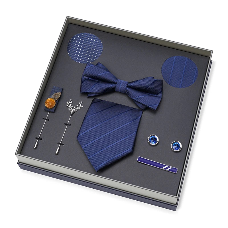 Men Gift Box Set 8CM Red and Royal Blue Tie Cufflink and Handkerchief Gift Set