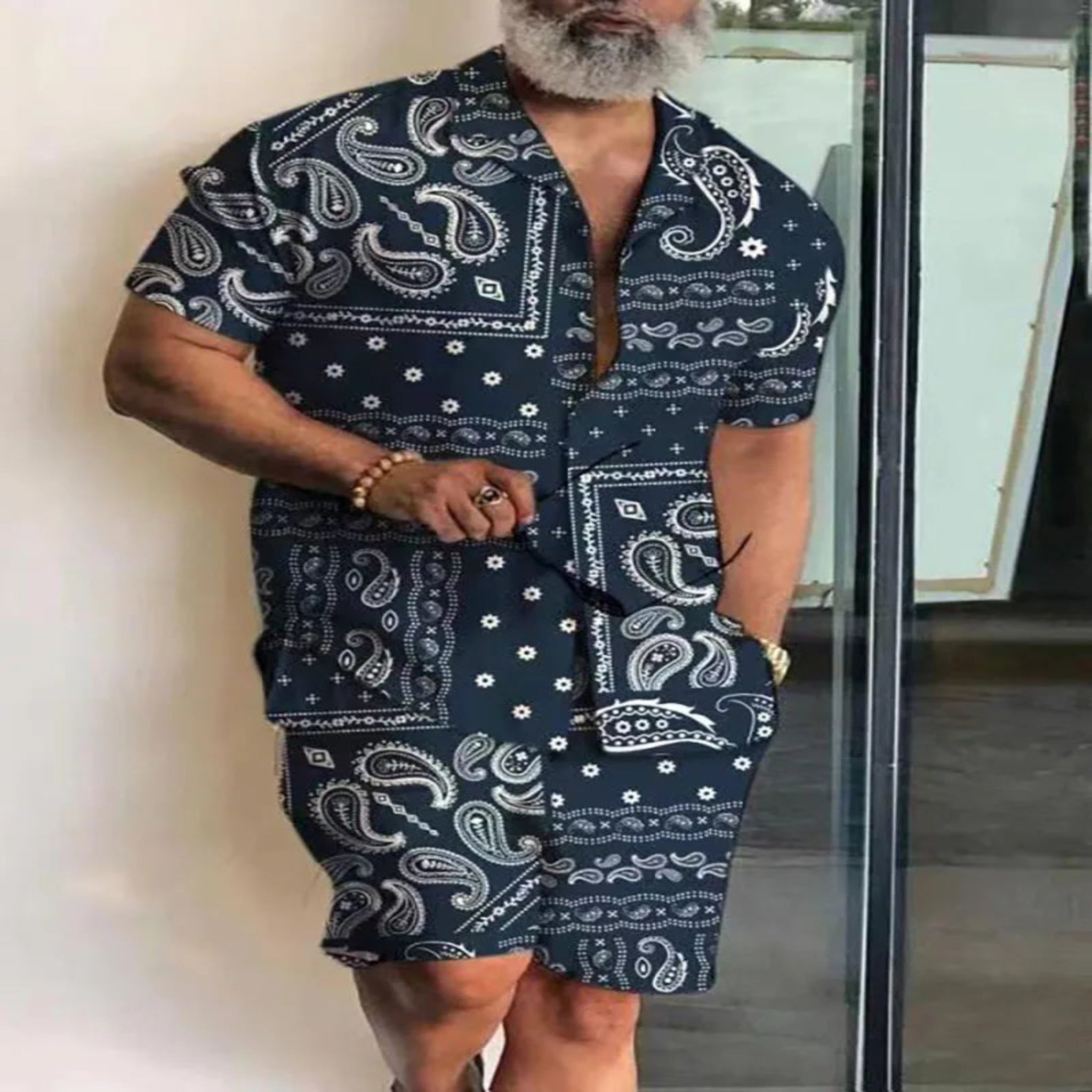 2-PC Print Patchwork Short Sleeve Shirt and Shorts set
