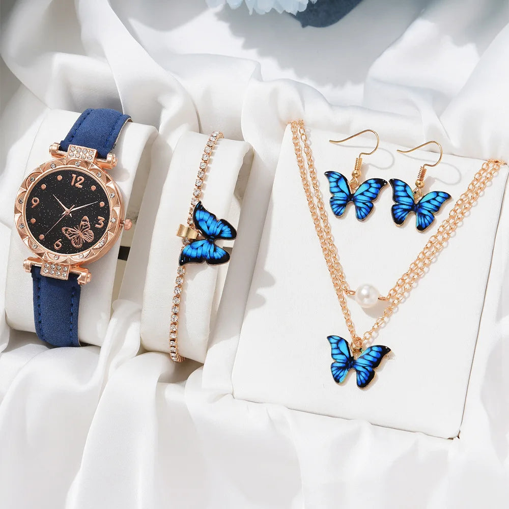 New Design Luxury 4 PCS butterfly Jewelry Watch Women Gift Set  Ladies Necklace Bracelet Watch Set
