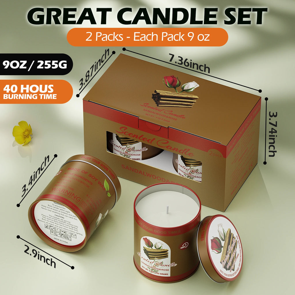 SANDALWOOD ROSE Scented Candle Set  2Pack 80H Burn Time Smokeless Soy Wax Aromatherapy Candle Gift Set Women&Men