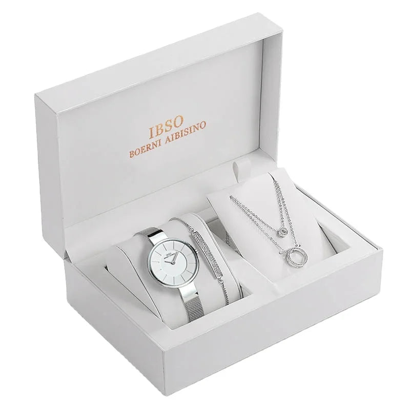 IBSO Brand Female Elegant Jewelry Set Steel Quartz Wristwatch Lady Charm Crystal Pendant Necklace Bracelet Women Gift Set